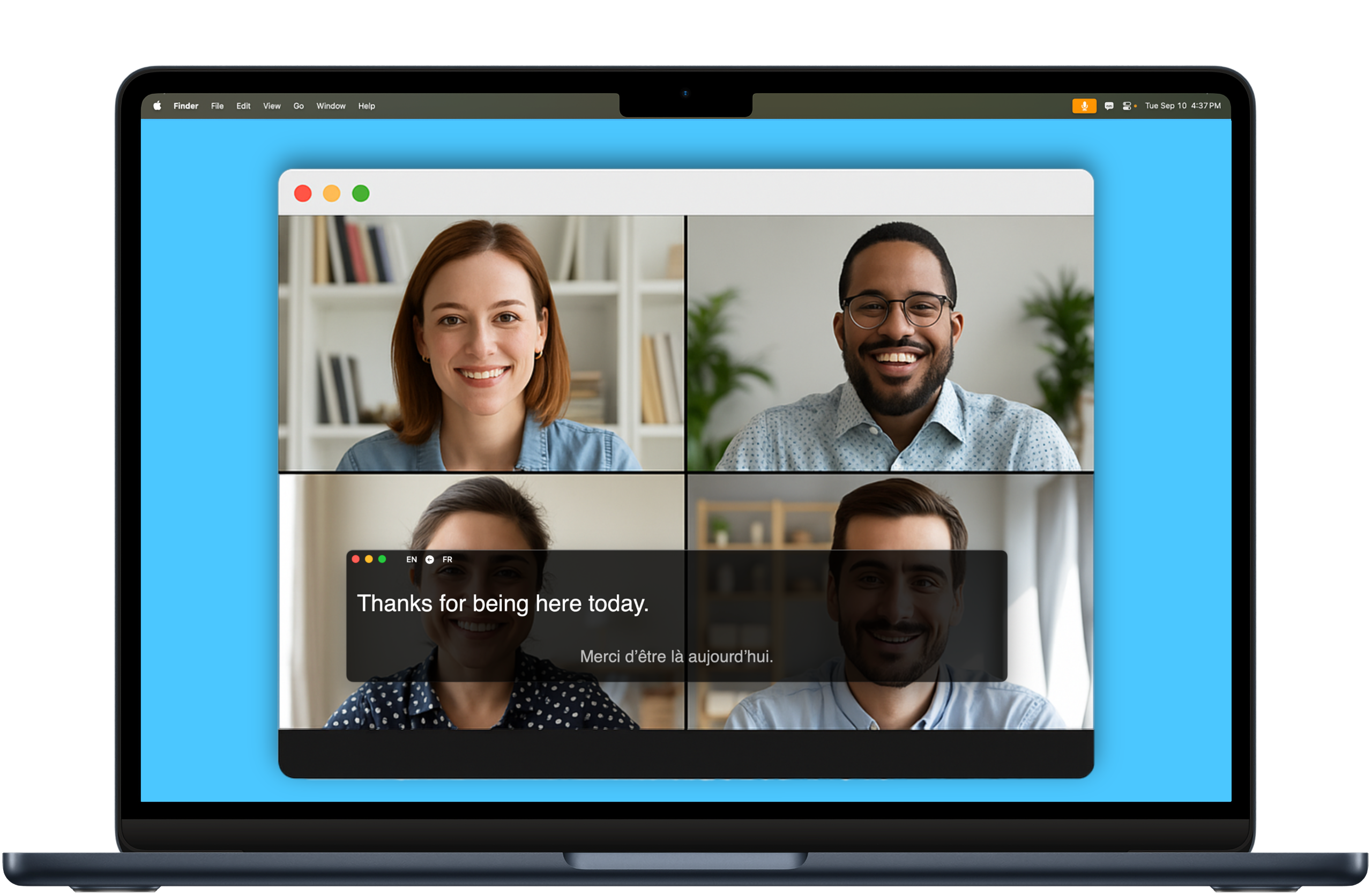 Transcrybe translating a multilingual video meeting on a laptop