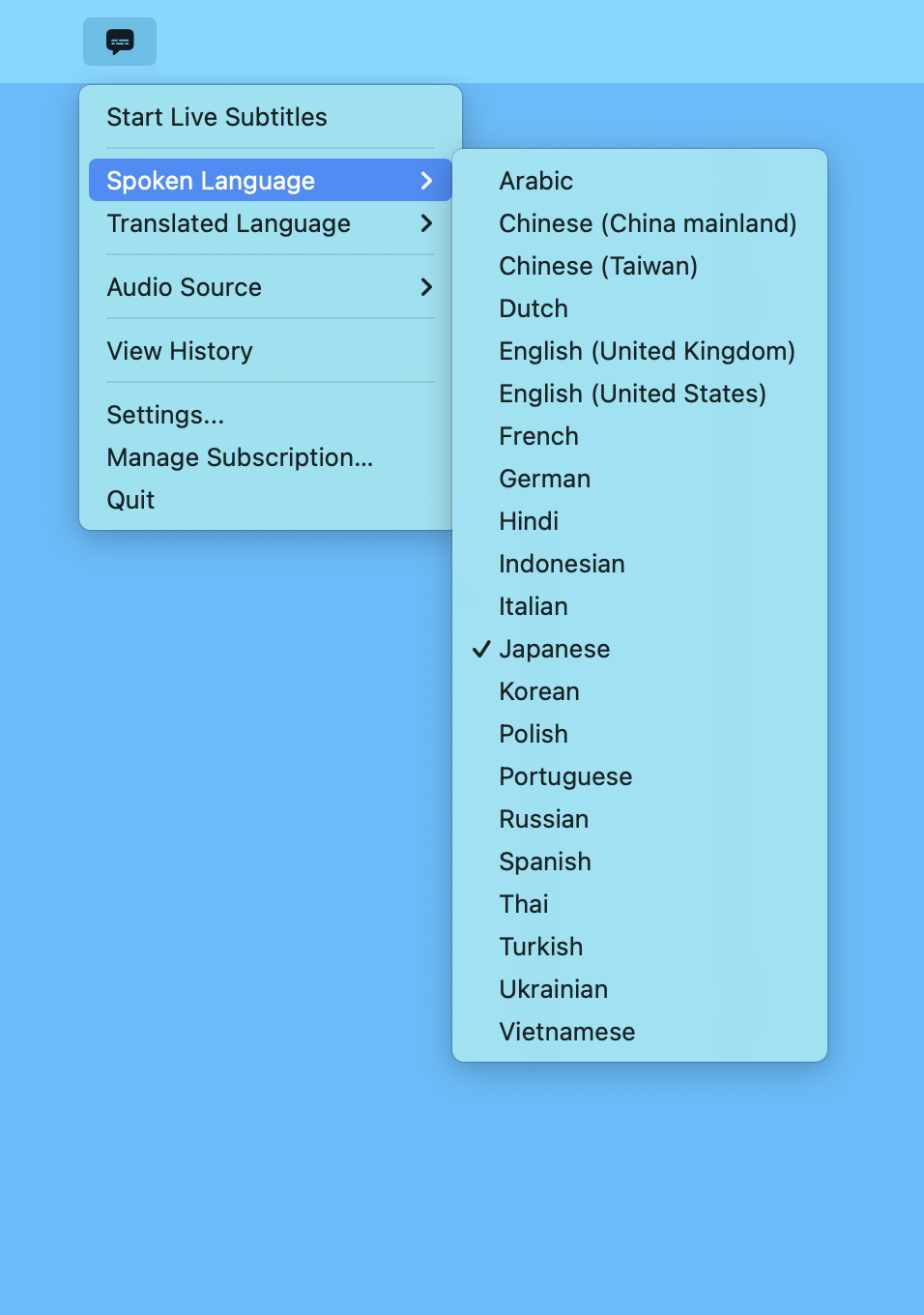 Select languages in Transcrybe